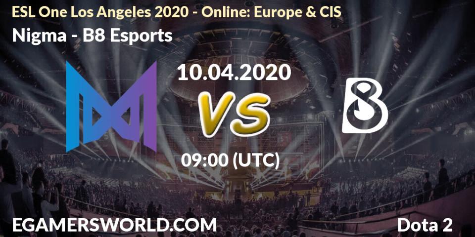 Nigma vs B8 Esports: Match Prediction. 10.04.2020 at 09:00, Dota 2, ESL One Los Angeles 2020 - Online: Europe & CIS