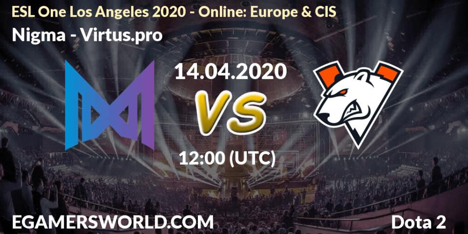 Nigma vs Virtus.pro: Match Prediction. 14.04.2020 at 12:32, Dota 2, ESL One Los Angeles 2020 - Online: Europe & CIS