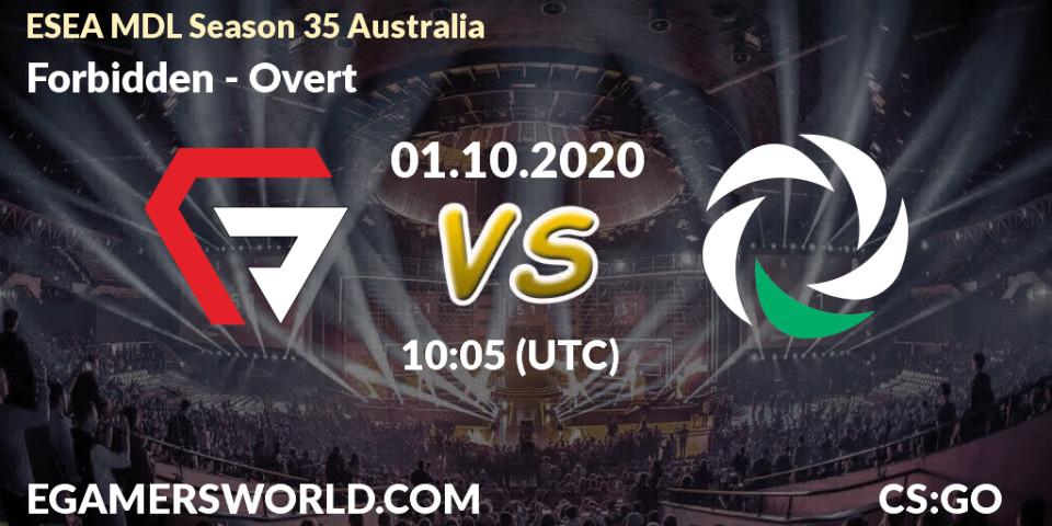 Forbidden vs Overt: Match Prediction. 01.10.2020 at 10:05, Counter-Strike (CS2), ESEA MDL Season 35 Australia