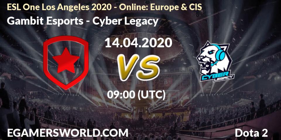 Gambit Esports vs Cyber Legacy: Match Prediction. 14.04.2020 at 09:00, Dota 2, ESL One Los Angeles 2020 - Online: Europe & CIS