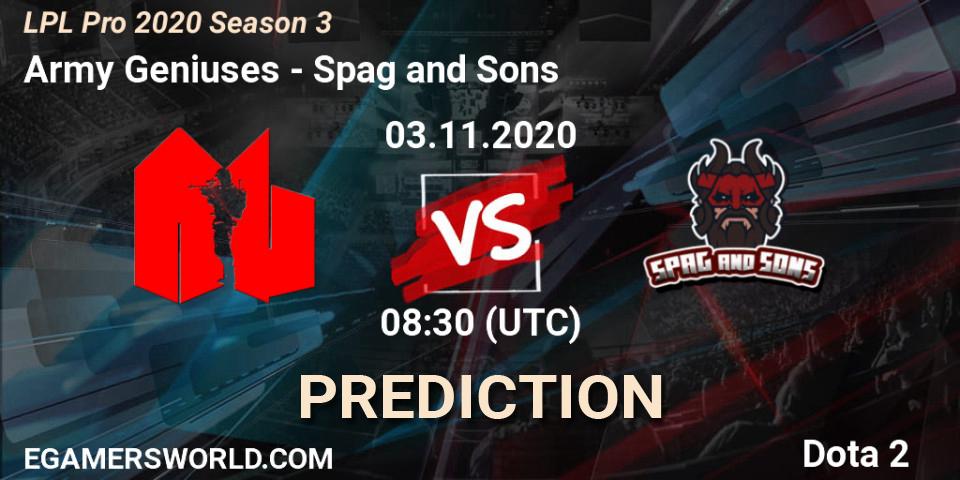 Army Geniuses vs Spag and Sons: Match Prediction. 03.11.2020 at 07:34, Dota 2, LPL Pro 2020 Season 3