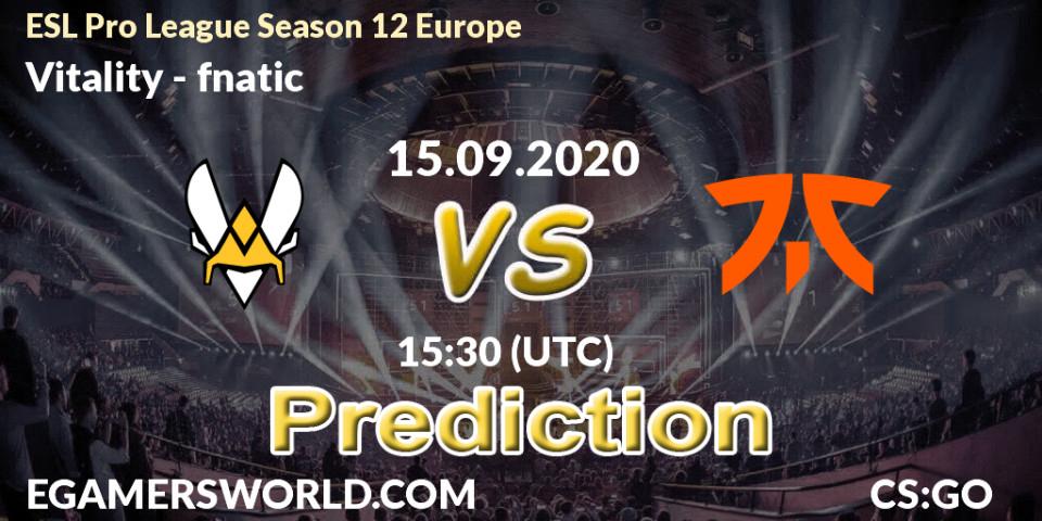 Vitality vs fnatic: Match Prediction. 15.09.2020 at 15:30, Counter-Strike (CS2), ESL Pro League Season 12 Europe