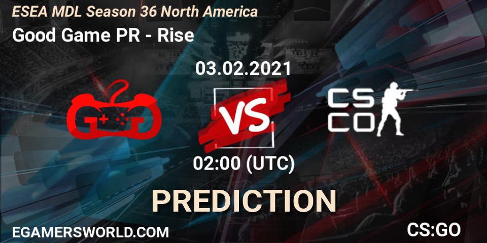 Good Game PR vs Rise: Match Prediction. 03.02.2021 at 02:00, Counter-Strike (CS2), MDL ESEA Season 36: North America - Premier Division