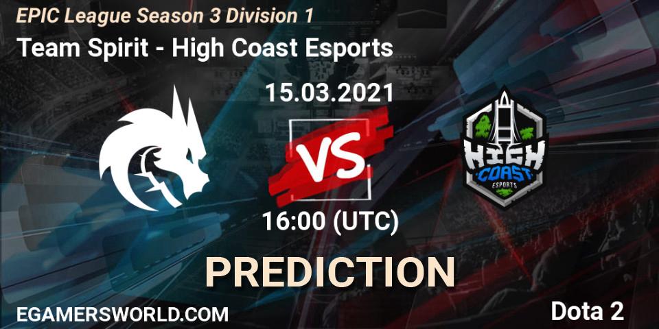 Team Spirit vs High Coast Esports: Match Prediction. 15.03.2021 at 16:01, Dota 2, EPIC League Season 3 Division 1
