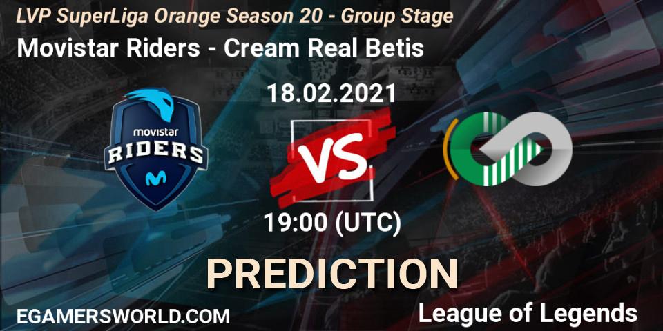 Movistar Riders vs Cream Real Betis: Match Prediction. 18.02.2021 at 19:00, LoL, LVP SuperLiga Orange Season 20 - Group Stage