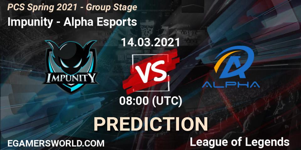 Impunity vs Alpha Esports: Match Prediction. 14.03.2021 at 08:00, LoL, PCS Spring 2021 - Group Stage