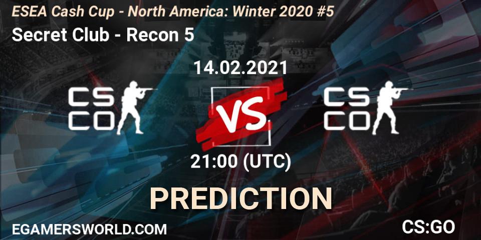 Secret Club vs Recon 5: Match Prediction. 14.02.2021 at 21:00, Counter-Strike (CS2), ESEA Cash Cup - North America: Winter 2020 #5