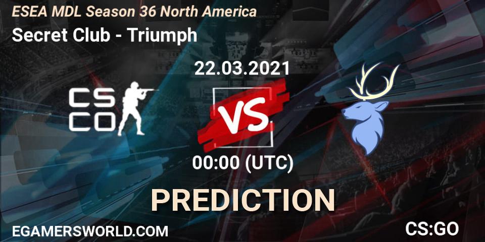 Secret Club vs Triumph: Match Prediction. 21.03.2021 at 23:00, Counter-Strike (CS2), MDL ESEA Season 36: North America - Premier Division