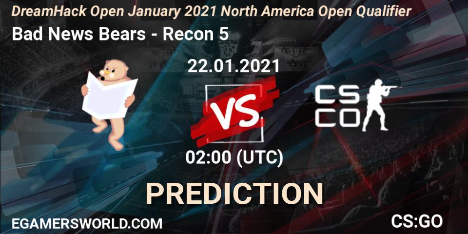Bad News Bears vs Recon 5: Match Prediction. 22.01.2021 at 02:00, Counter-Strike (CS2), DreamHack Open January 2021 North America Open Qualifier