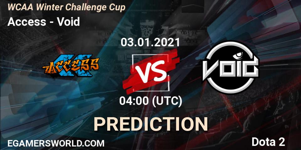 Access vs Void: Match Prediction. 03.01.2021 at 04:28, Dota 2, WCAA Winter Challenge Cup