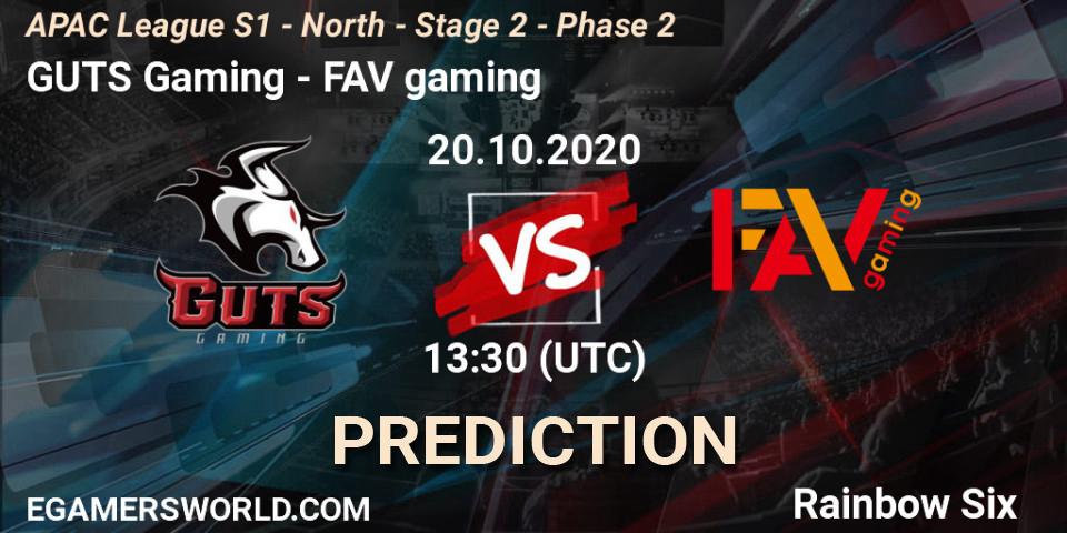 GUTS Gaming vs FAV gaming: Match Prediction. 20.10.2020 at 13:30, Rainbow Six, APAC League S1 - North - Stage 2 - Phase 2