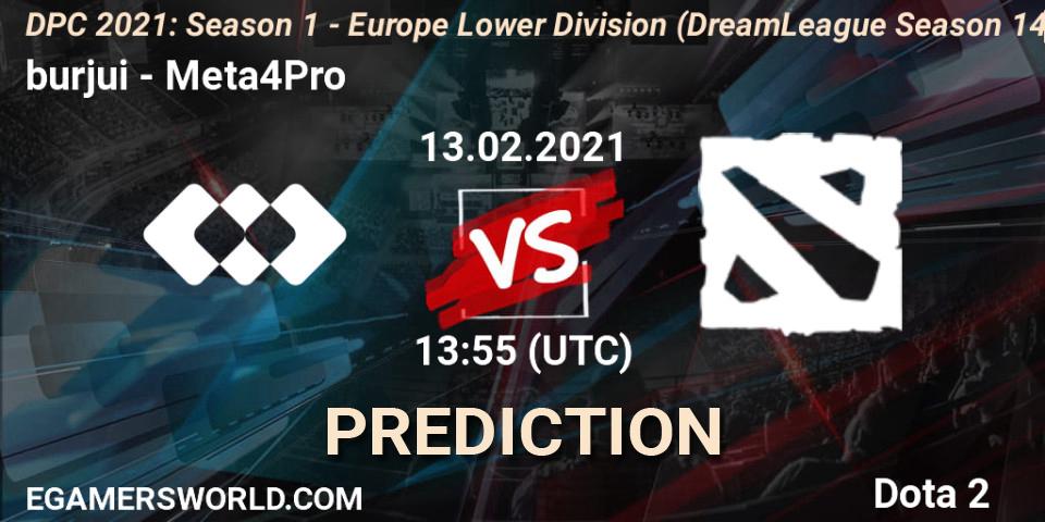 burjui vs Meta4Pro: Match Prediction. 13.02.2021 at 13:56, Dota 2, DPC 2021: Season 1 - Europe Lower Division (DreamLeague Season 14)