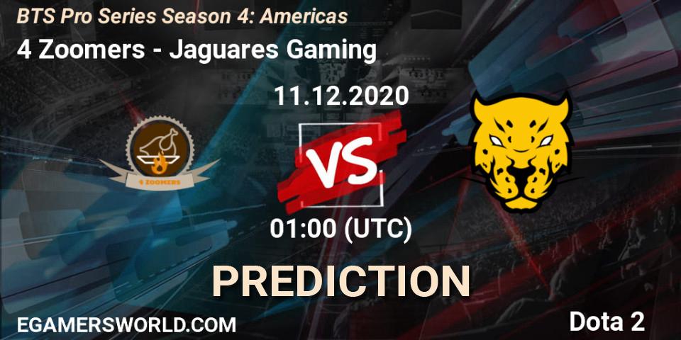 4 Zoomers vs Jaguares Gaming: Match Prediction. 10.12.2020 at 23:38, Dota 2, BTS Pro Series Season 4: Americas
