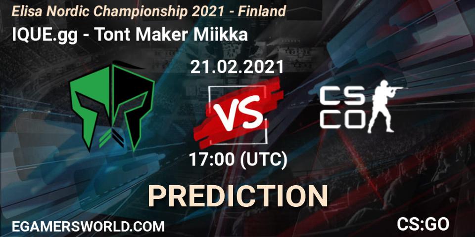 IQUE.gg vs Tont Maker Miikka: Match Prediction. 21.02.2021 at 17:00, Counter-Strike (CS2), Elisa Nordic Championship 2021 - Finland