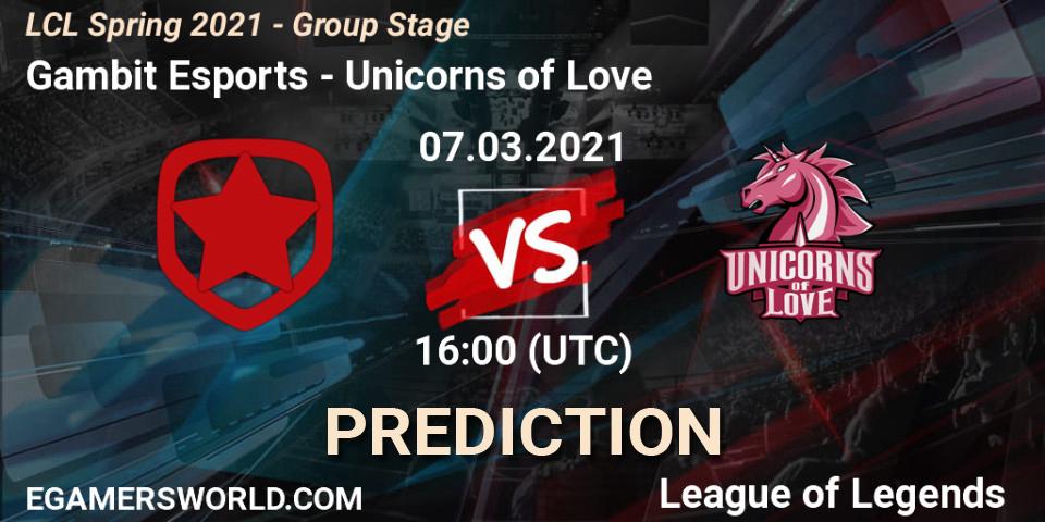 Gambit Esports vs Unicorns of Love: Match Prediction. 07.03.2021 at 16:00, LoL, LCL Spring 2021 - Group Stage