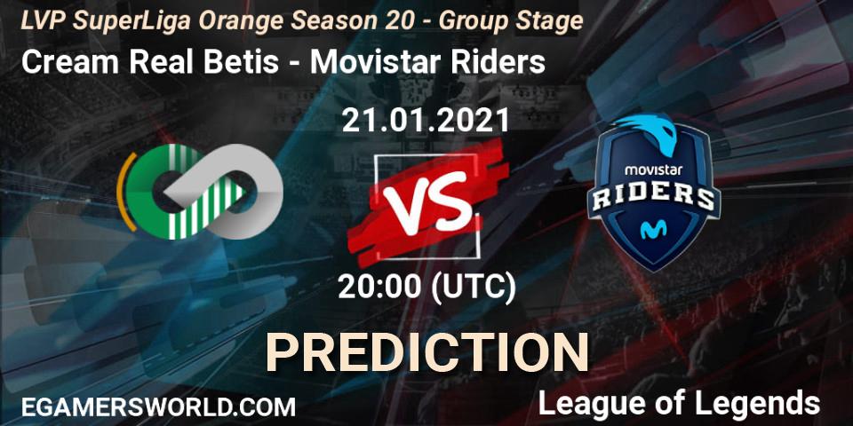 Cream Real Betis vs Movistar Riders: Match Prediction. 21.01.2021 at 20:00, LoL, LVP SuperLiga Orange Season 20 - Group Stage