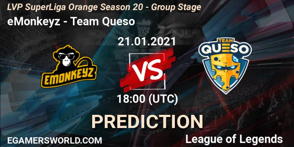 eMonkeyz vs Team Queso: Match Prediction. 21.01.21, LoL, LVP SuperLiga Orange Season 20 - Group Stage