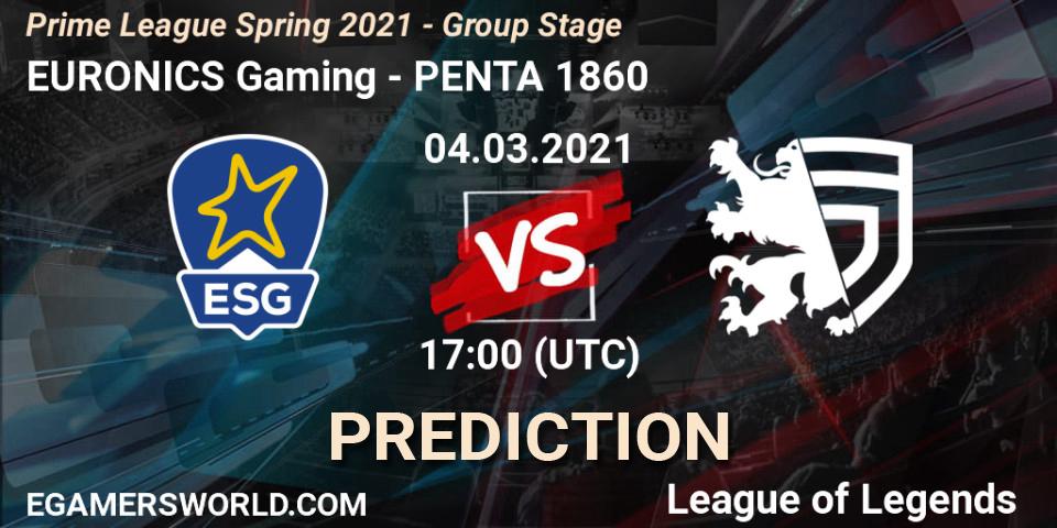 EURONICS Gaming vs PENTA 1860: Match Prediction. 04.03.2021 at 21:45, LoL, Prime League Spring 2021 - Group Stage