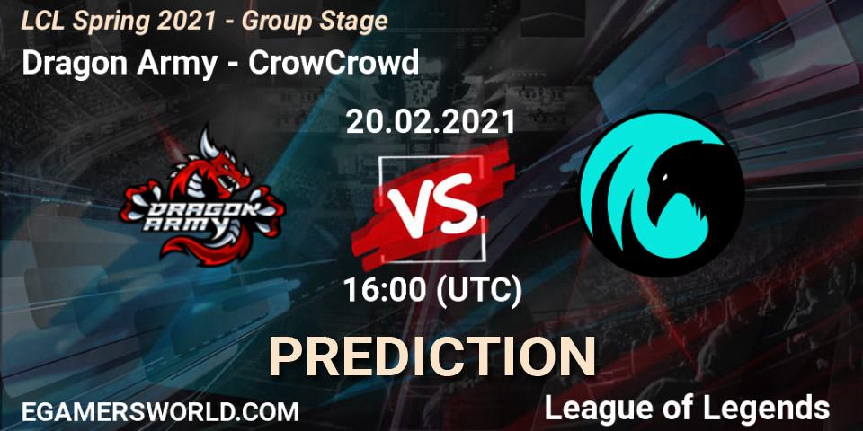 Dragon Army vs CrowCrowd: Match Prediction. 20.02.2021 at 16:00, LoL, LCL Spring 2021 - Group Stage