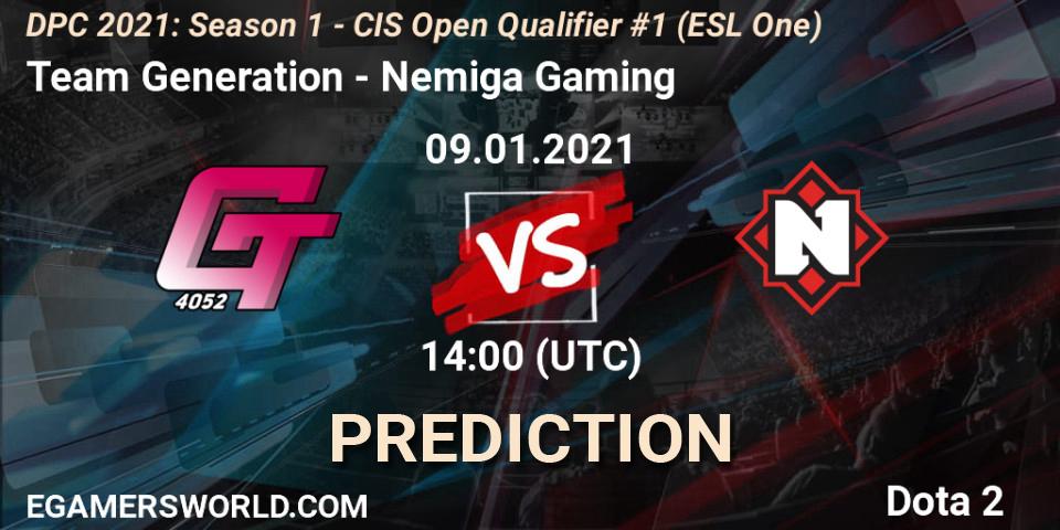 Team Generation vs Nemiga Gaming: Match Prediction. 09.01.2021 at 14:04, Dota 2, DPC 2021: Season 1 - CIS Open Qualifier #1 (ESL One)