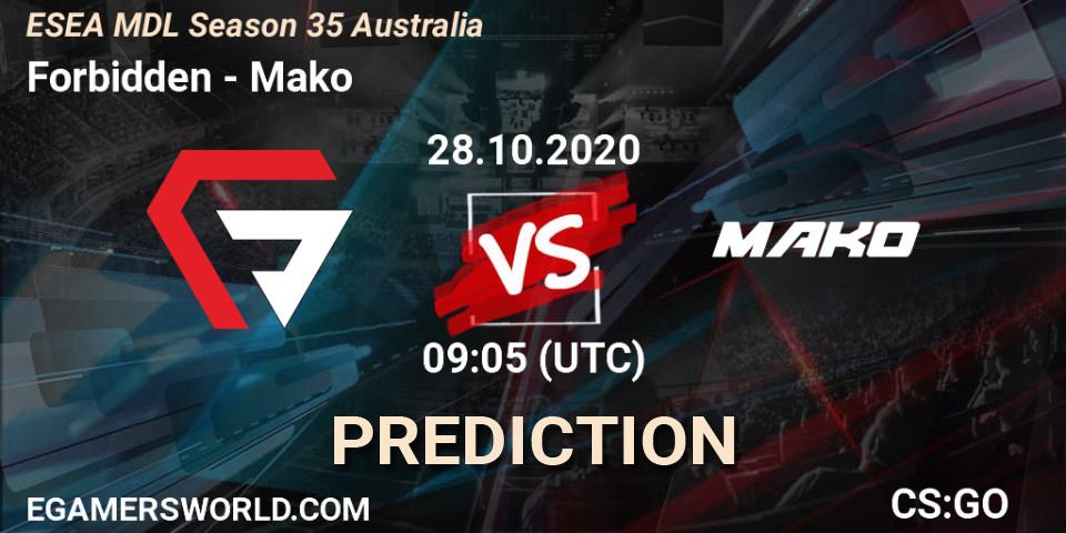 Forbidden vs Mako: Match Prediction. 28.10.2020 at 09:05, Counter-Strike (CS2), ESEA MDL Season 35 Australia