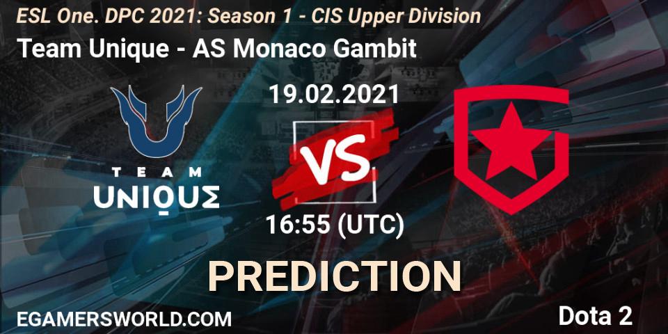 Team Unique vs AS Monaco Gambit: Match Prediction. 19.02.2021 at 16:55, Dota 2, ESL One. DPC 2021: Season 1 - CIS Upper Division