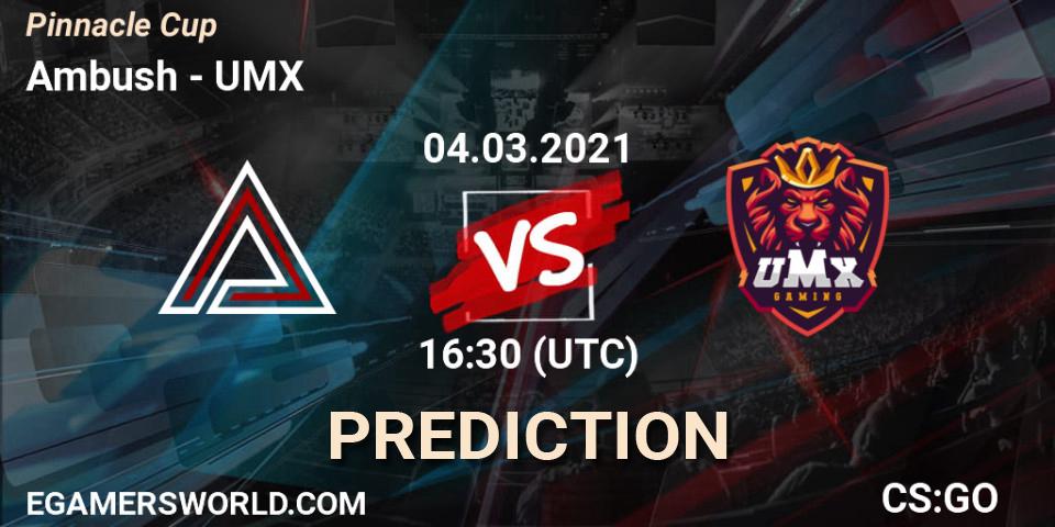 Ambush vs UMX: Match Prediction. 05.03.2021 at 16:30, Counter-Strike (CS2), Pinnacle Cup #1
