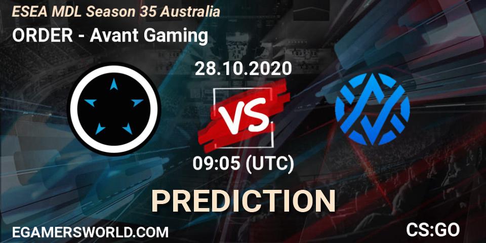 ORDER vs Avant Gaming: Match Prediction. 28.10.2020 at 09:05, Counter-Strike (CS2), ESEA MDL Season 35 Australia