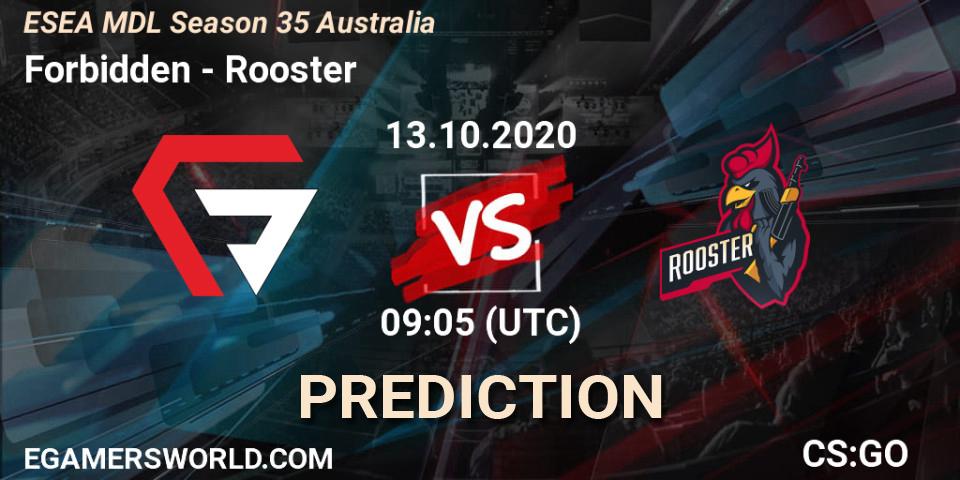 Forbidden vs Rooster: Match Prediction. 13.10.2020 at 09:05, Counter-Strike (CS2), ESEA MDL Season 35 Australia