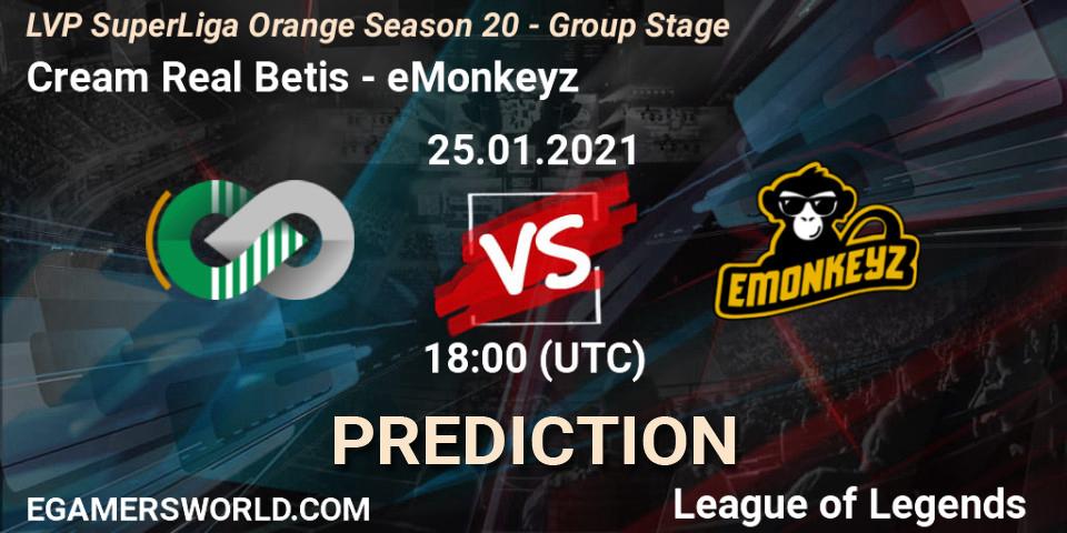 Cream Real Betis vs eMonkeyz: Match Prediction. 25.01.2021 at 18:00, LoL, LVP SuperLiga Orange Season 20 - Group Stage