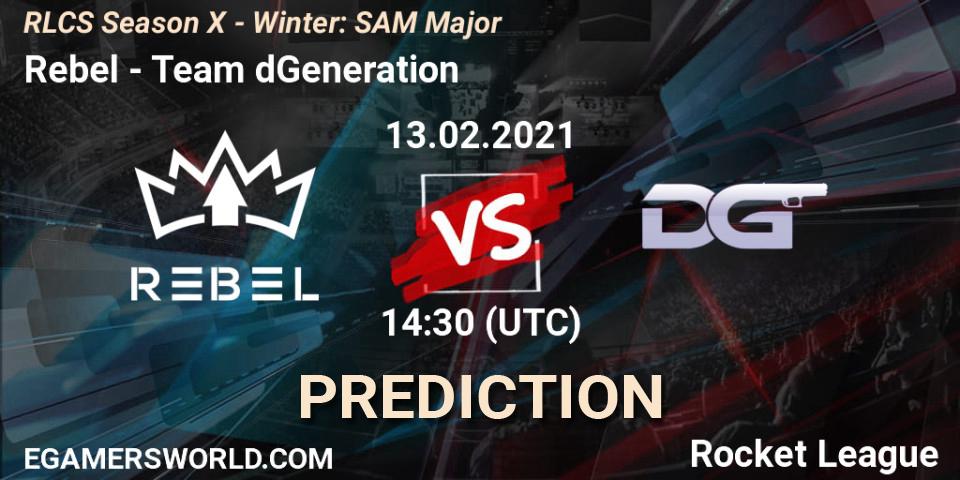 Rebel vs Team dGeneration: Match Prediction. 13.02.2021 at 14:30, Rocket League, RLCS Season X - Winter: SAM Major