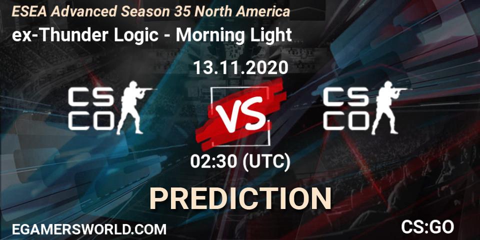 ex-Thunder Logic vs Morning Light: Match Prediction. 13.11.2020 at 02:00, Counter-Strike (CS2), ESEA Advanced Season 35 North America