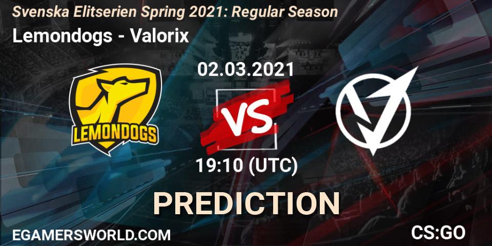 Lemondogs vs Valorix: Match Prediction. 02.03.2021 at 19:10, Counter-Strike (CS2), Svenska Elitserien Spring 2021: Regular Season