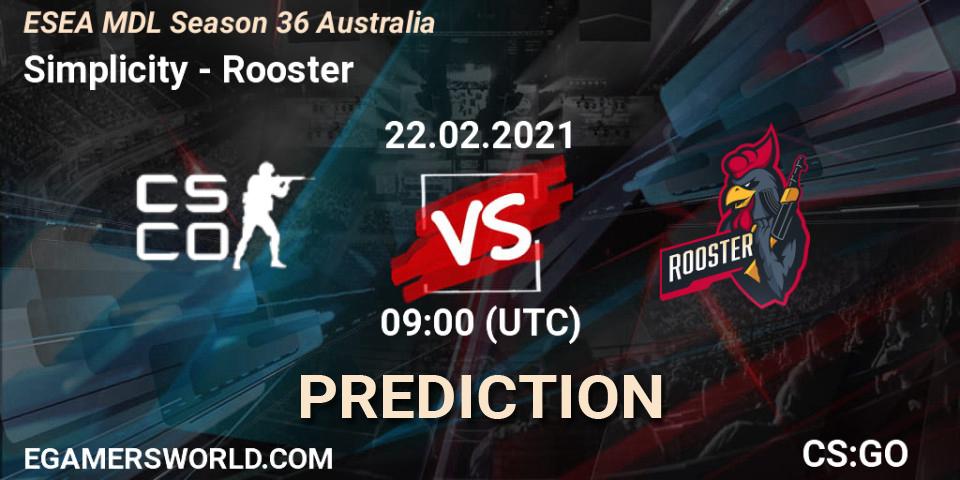 Simplicity vs Rooster: Match Prediction. 23.02.2021 at 09:00, Counter-Strike (CS2), MDL ESEA Season 36: Australia - Premier Division