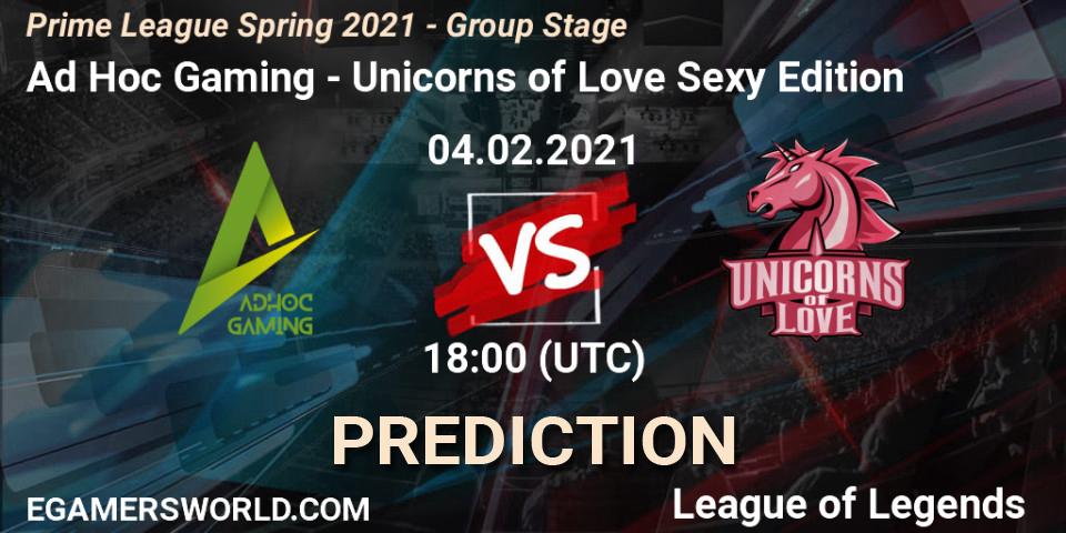 Ad Hoc Gaming vs Unicorns of Love Sexy Edition: Match Prediction. 04.02.2021 at 18:10, LoL, Prime League Spring 2021 - Group Stage