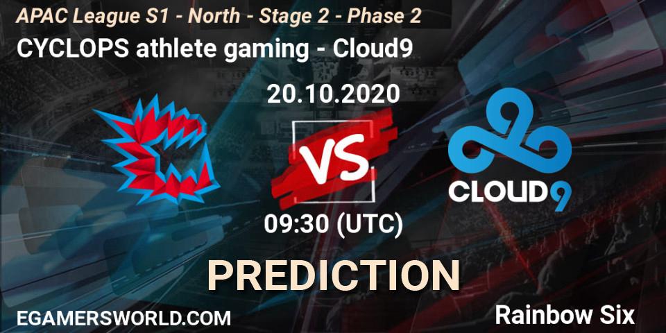 CYCLOPS athlete gaming vs Cloud9: Match Prediction. 20.10.2020 at 09:30, Rainbow Six, APAC League S1 - North - Stage 2 - Phase 2