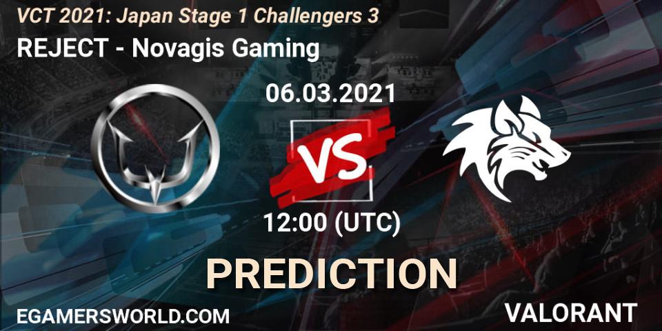 REJECT vs Novagis Gaming: Match Prediction. 06.03.2021 at 12:40, VALORANT, VCT 2021: Japan Stage 1 Challengers 3