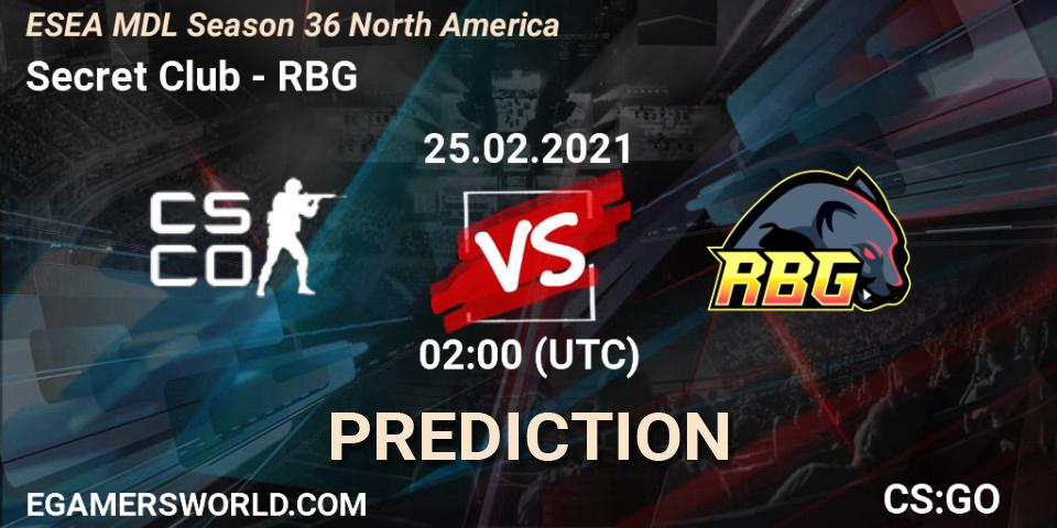 Secret Club vs RBG: Match Prediction. 25.02.2021 at 02:00, Counter-Strike (CS2), MDL ESEA Season 36: North America - Premier Division