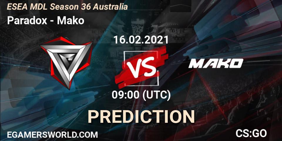 Paradox vs Mako: Match Prediction. 16.02.2021 at 09:00, Counter-Strike (CS2), MDL ESEA Season 36: Australia - Premier Division