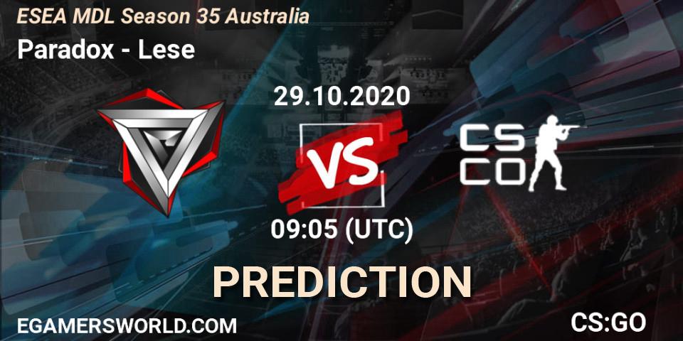 Paradox vs Lese: Match Prediction. 29.10.2020 at 09:05, Counter-Strike (CS2), ESEA MDL Season 35 Australia