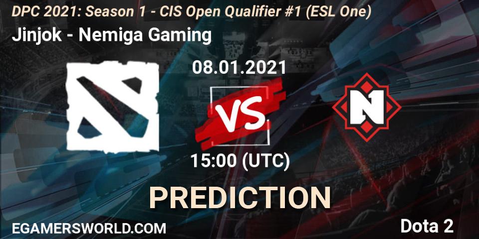 Jinjok vs Nemiga Gaming: Match Prediction. 08.01.2021 at 15:00, Dota 2, DPC 2021: Season 1 - CIS Open Qualifier #1 (ESL One)
