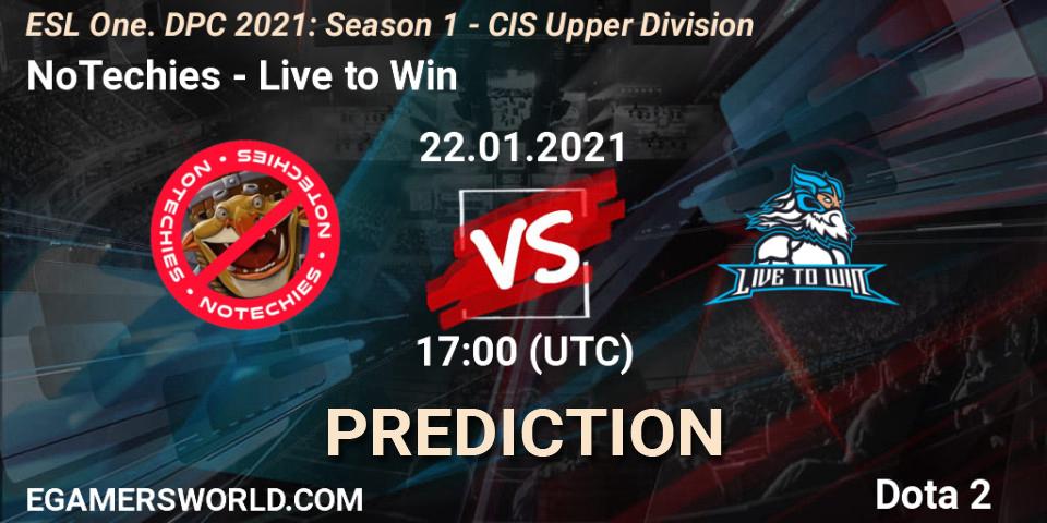 NoTechies vs Live to Win: Match Prediction. 22.01.2021 at 17:34, Dota 2, ESL One. DPC 2021: Season 1 - CIS Upper Division