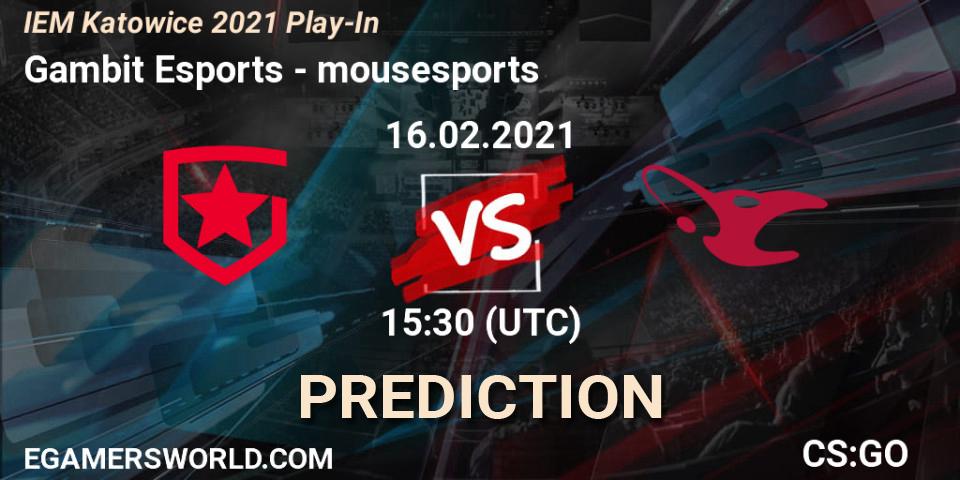 Gambit Esports vs mousesports: Match Prediction. 16.02.21, CS2 (CS:GO), IEM Katowice 2021 Play-In