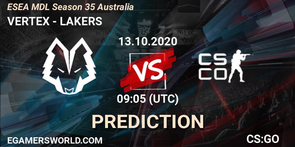 VERTEX vs LAKERS: Match Prediction. 13.10.2020 at 09:05, Counter-Strike (CS2), ESEA MDL Season 35 Australia