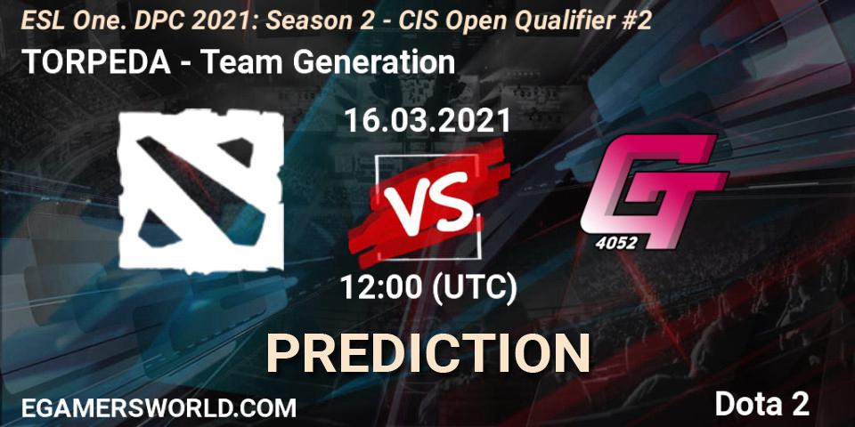 TOPREDA vs Team Generation: Match Prediction. 16.03.2021 at 12:08, Dota 2, ESL One. DPC 2021: Season 2 - CIS Open Qualifier #2