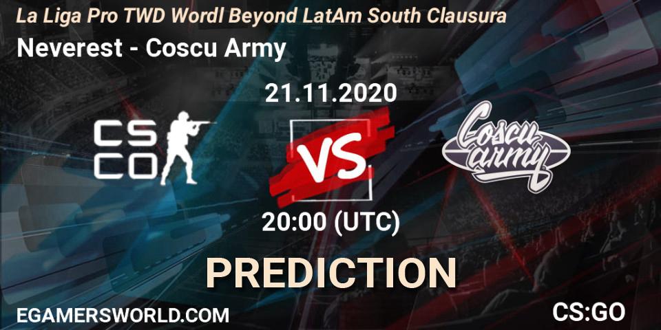 Neverest vs Coscu Army: Match Prediction. 21.11.2020 at 23:45, Counter-Strike (CS2), La Liga Pro TWD Wordl Beyond LatAm South Clausura