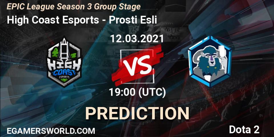High Coast Esports vs Prosti Esli: Match Prediction. 12.03.2021 at 19:02, Dota 2, EPIC League Season 3 Group Stage