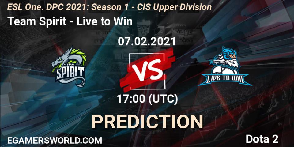 Team Spirit vs Live to Win: Match Prediction. 07.02.2021 at 16:56, Dota 2, ESL One. DPC 2021: Season 1 - CIS Upper Division