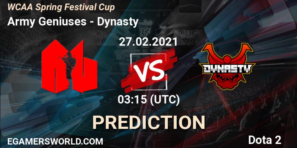 Army Geniuses vs Dynasty: Match Prediction. 27.02.2021 at 03:17, Dota 2, WCAA Spring Festival Cup
