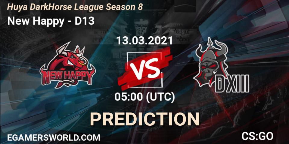 New Happy vs D13: Match Prediction. 13.03.2021 at 05:00, Counter-Strike (CS2), Huya DarkHorse League Season 8